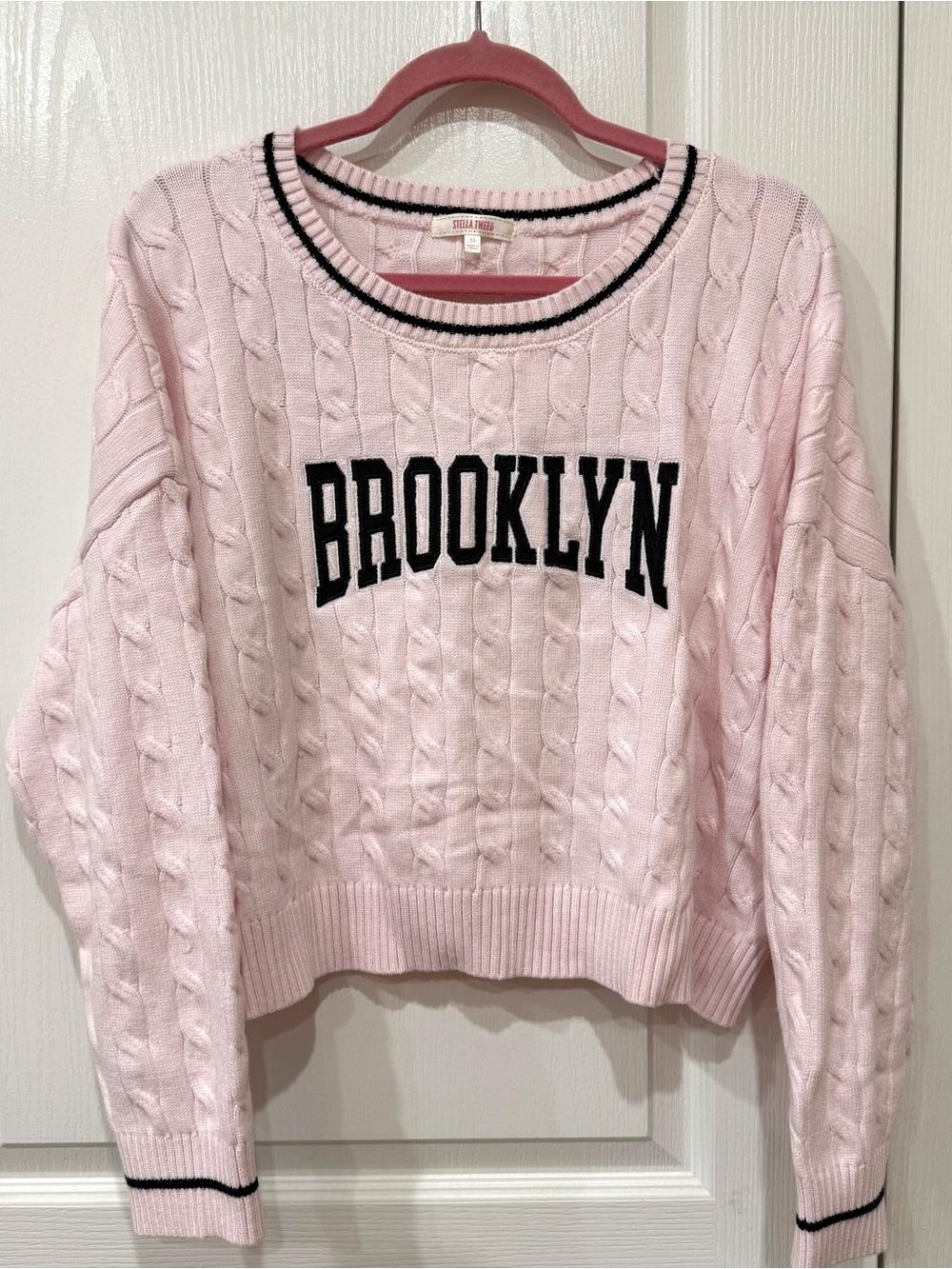 Stella Tweed Pink Cable Knit Crewneck Brooklyn Sweater